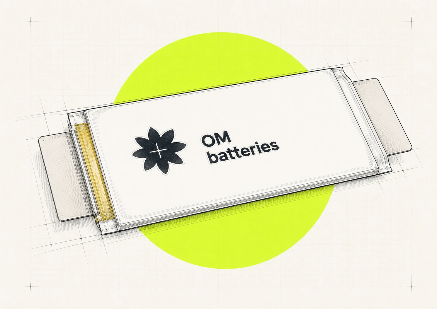 OM Batteries pouch cell — stylized illustration